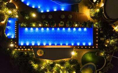 Swimming pool with LED light at night